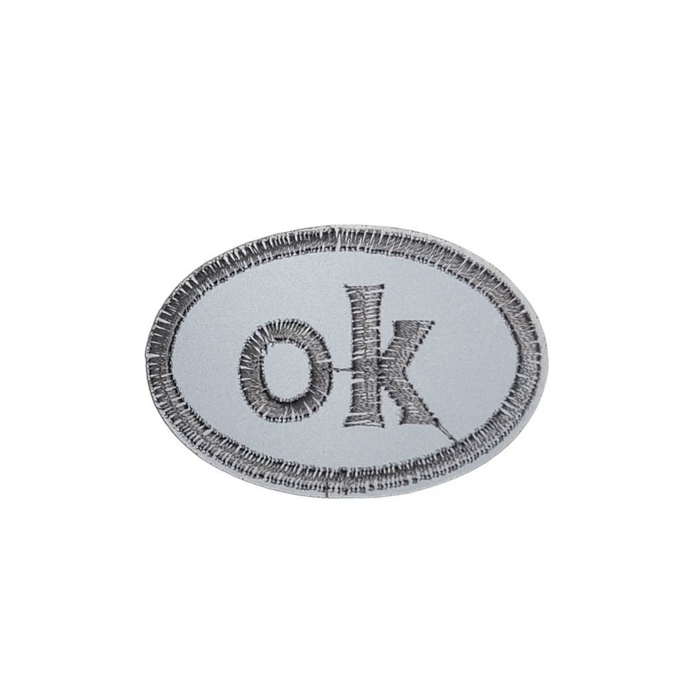 OK Oval Iron On Patch VTG Silver Reflective Embroidered